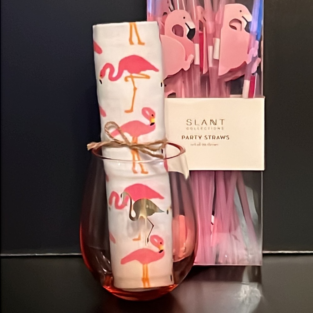flamingo gift bundle: acrylic stemless wine, dishtowel, 3-D flex straw x20-NWT